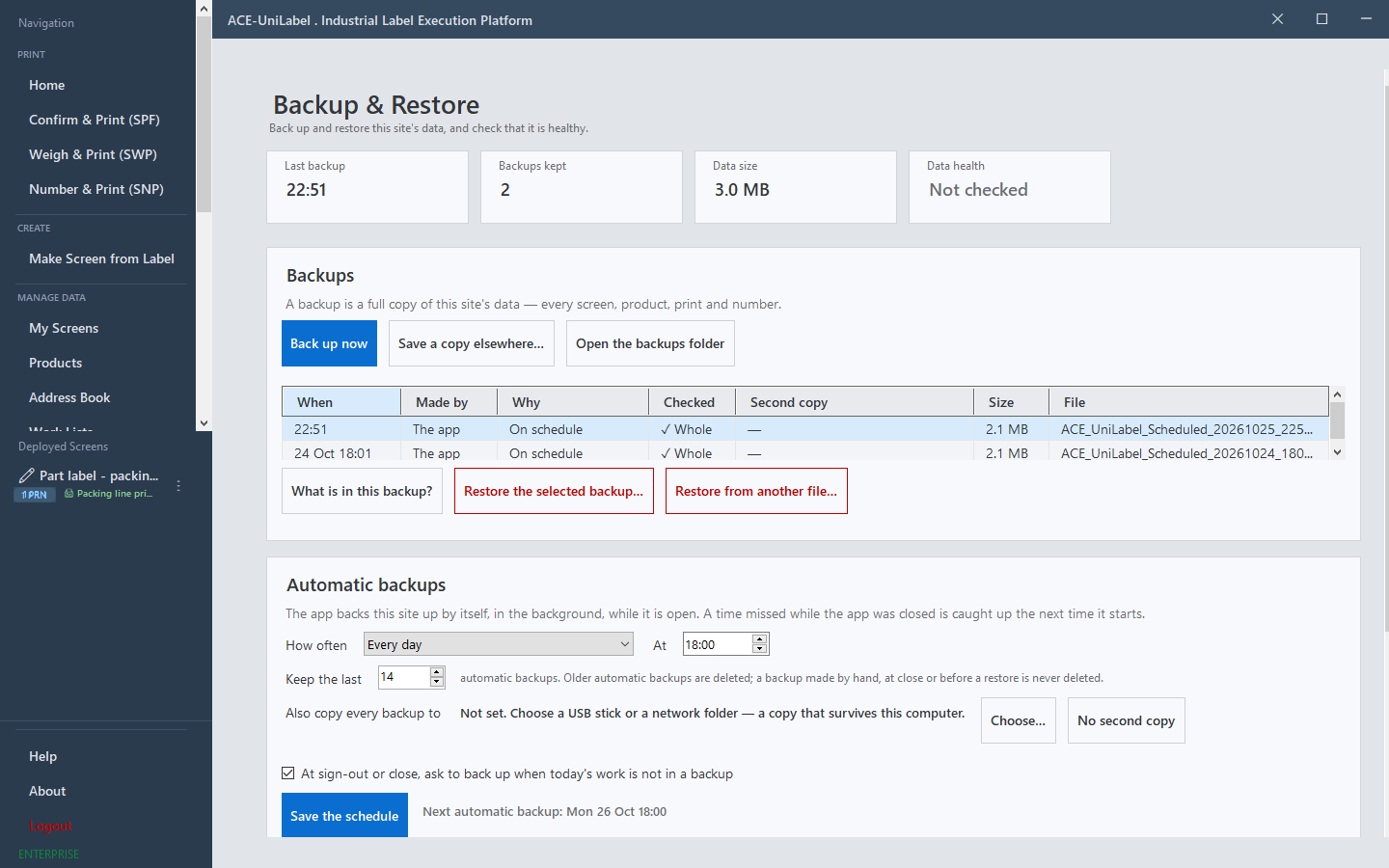ACE-UniLabel backup and restore with a daily automatic backup