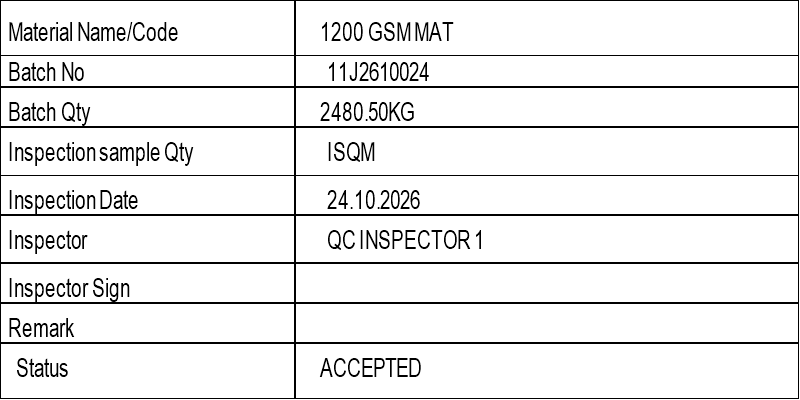 Example incoming inspection label with material, batch, batch and sample quantity, inspection date, inspector, sign, remark and status