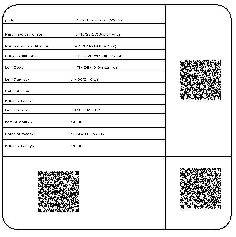 Example invoice and PO label with invoice number, PO number, item codes, quantities, batches and three QR codes