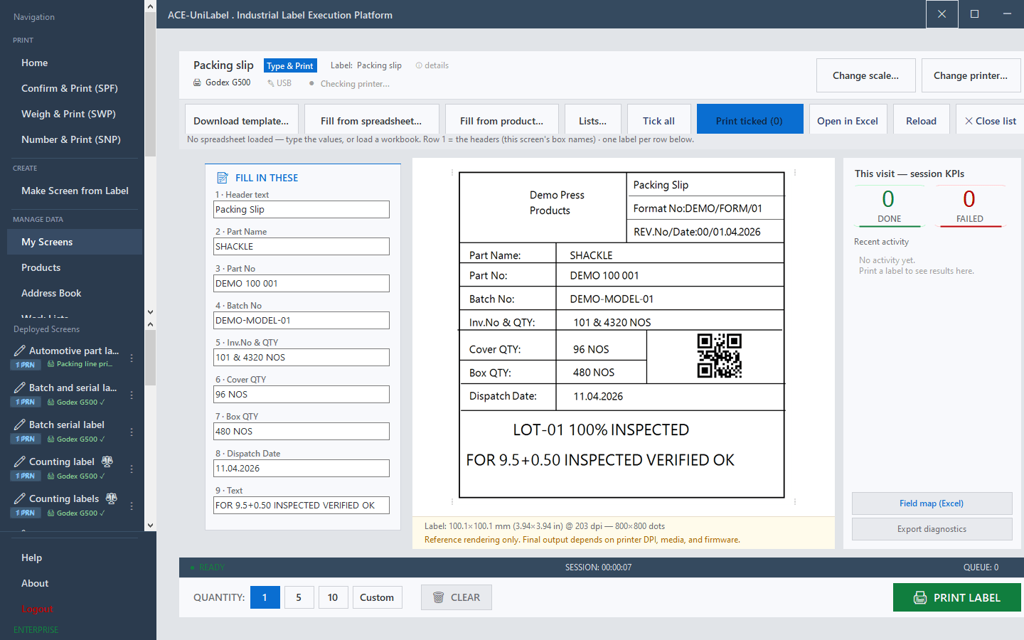 ACE-UniLabel print screen for a packing slip label with batch, quantities and dispatch date