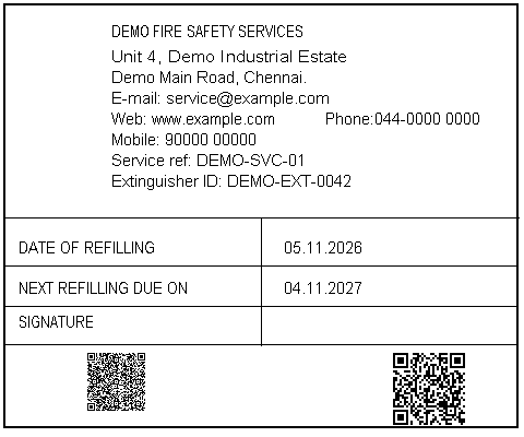 Example service-due tag with service company details, equipment ID, refill date, next due date, signature and two QR codes