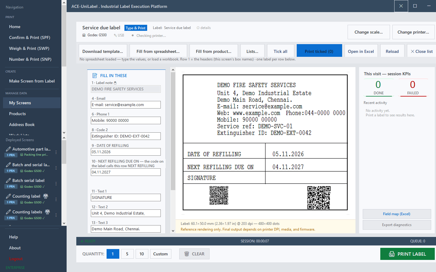 ACE-UniLabel print screen for a service-due tag with refill and next due dates