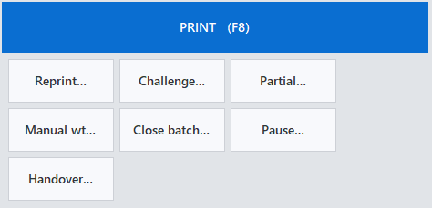 ACE-UniLabel Weigh & Print buttons: Print, Reprint, Challenge, Partial, Manual weight, Close batch, Pause and Handover
