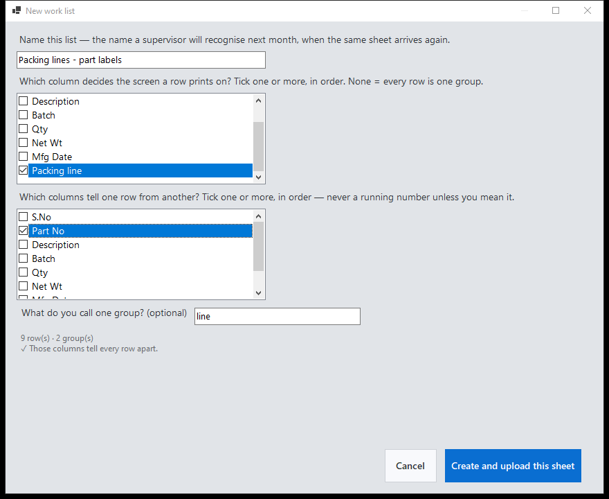 Setting up a work list from a customer workbook in ACE-UniLabel