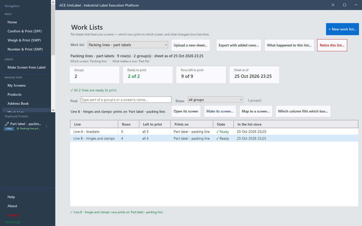 ACE-UniLabel work list showing which rows print on which screen