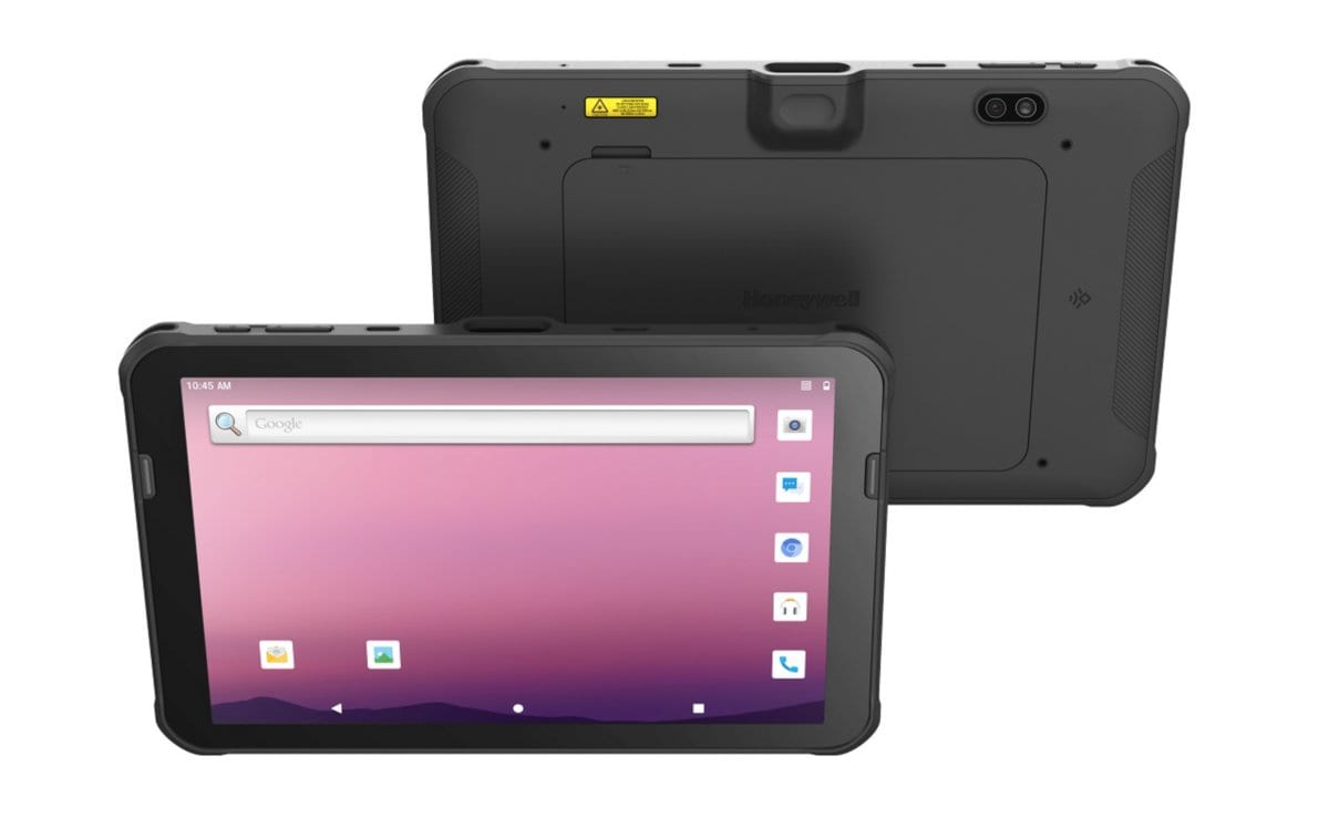 Honeywell ScanPal EDA10A tablet, front with Android home screen and rear with scan window and camera
