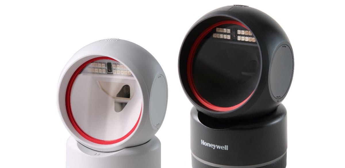 Honeywell Orbit HF680 hands-free scanners in white and black, with round tilting scan heads on their bases