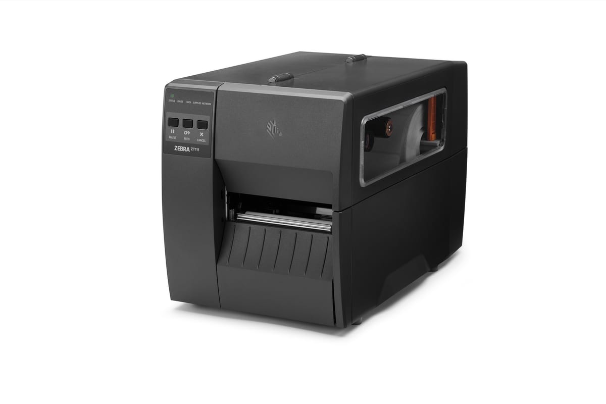 Zebra ZT111 industrial label printer, front left view